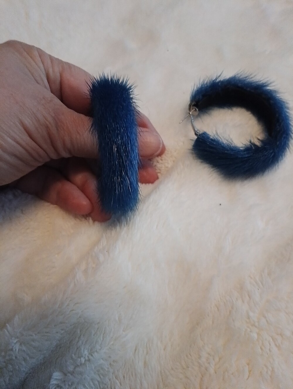 Plush Genuine Seal Fur, In  Royal Blue,   Hoop Pierced Earrings, Handmade